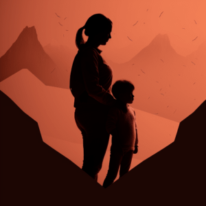 Woman stands with protective hand on child's shoulder