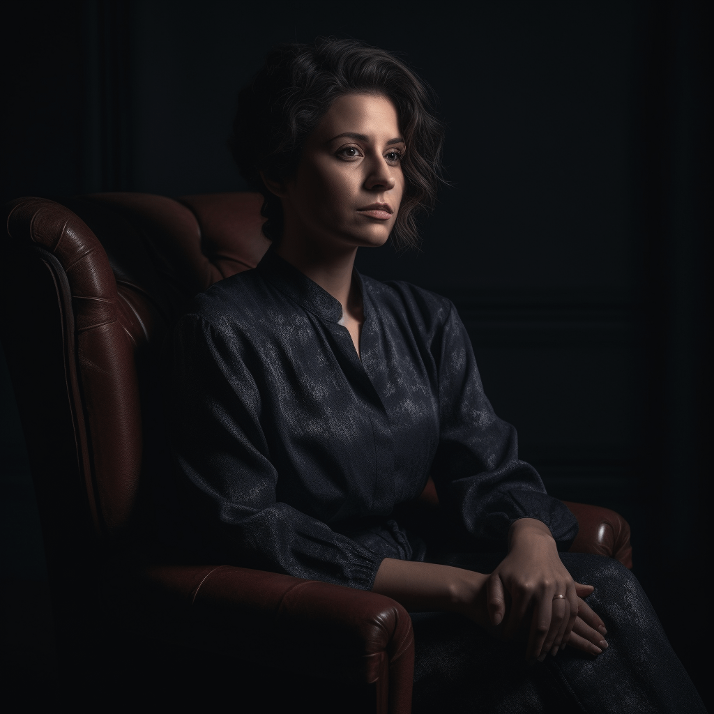 A woman sitting, a wary expression can be seen on her face