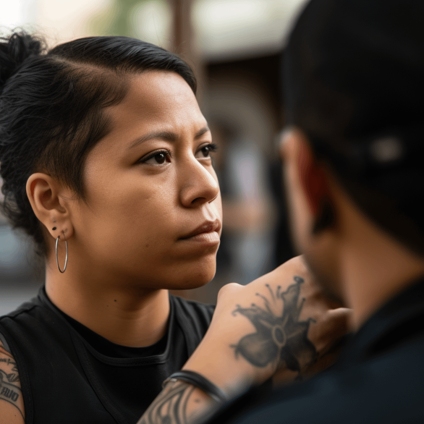 A woman looking at someone with a sombre expression on her face