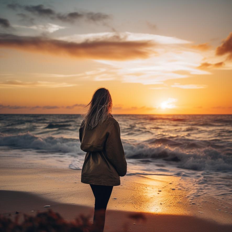woman staring into the sunset on the beach