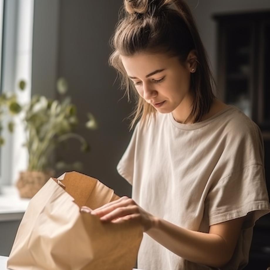 woman putting clothing items in a paper bag