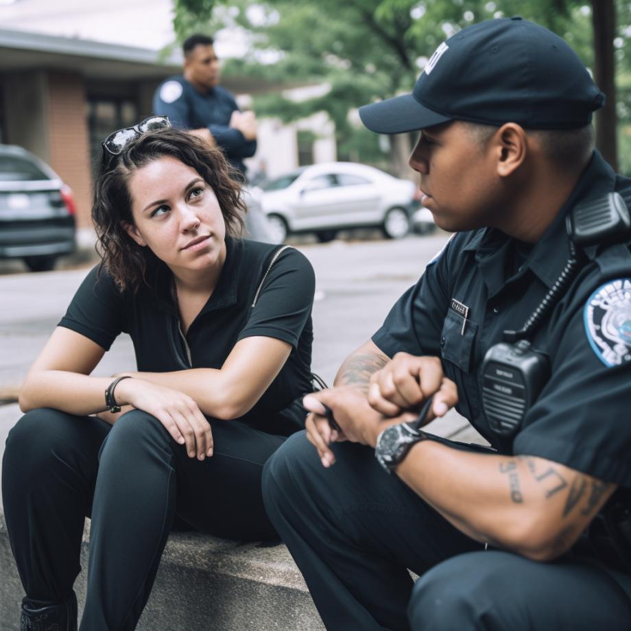 young adult woman sitting with a police officer
