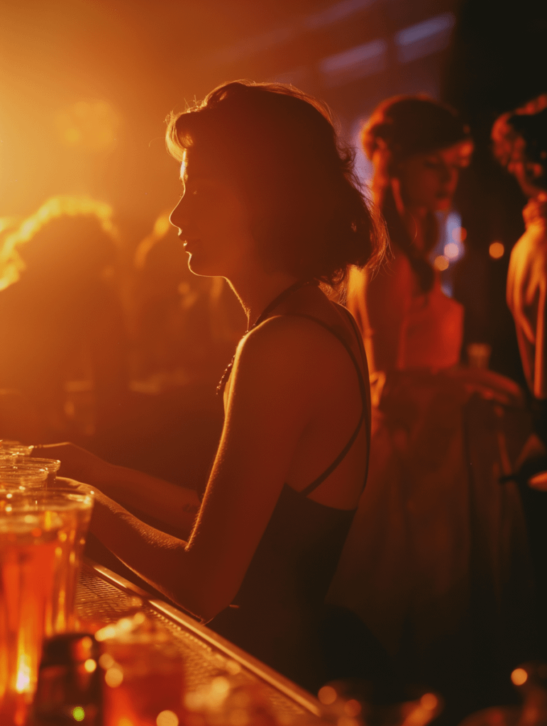 A woman seated at a bar, looking contemplative, with a drink placed in front of her.