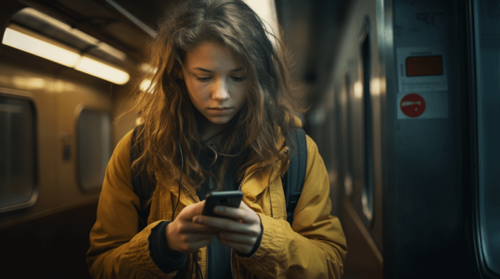 Young woman in a yellow jacket focused on her phone inside a dimly lit train, creating an urban and introspective atmosphere.onlyfans lawsuit