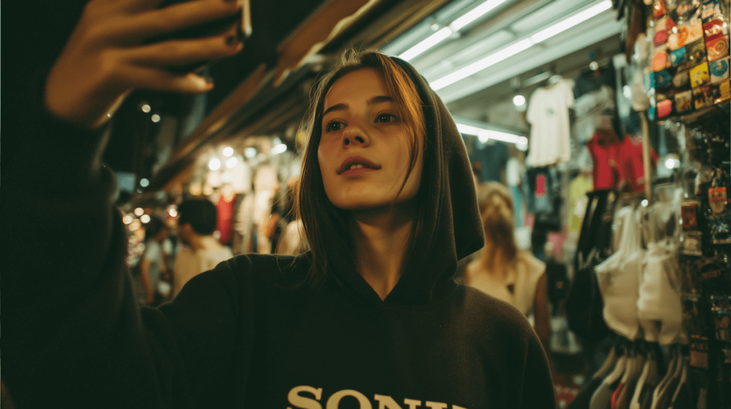 Teenage girl in a hoodie taking a selfie while walking through a busy outdoor market at night with illuminated vendor stalls in the background